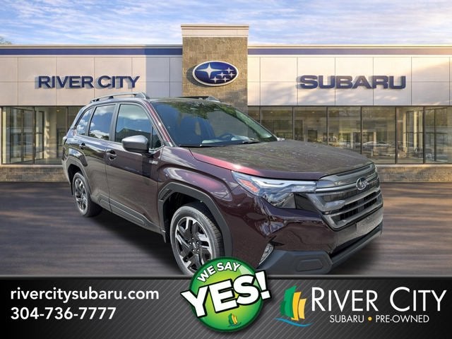 2026 Subaru FORESTER Premium Hybrid in Dark Mahogany Pearl — front three-quarter view