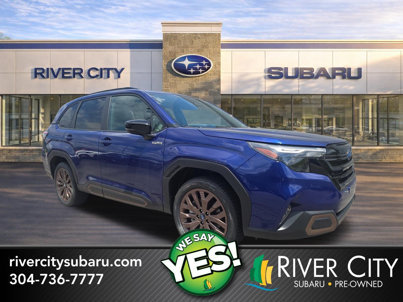 2026 Subaru FORESTER Sport Hybrid in Sapphire Blue Pearl — front three-quarter view