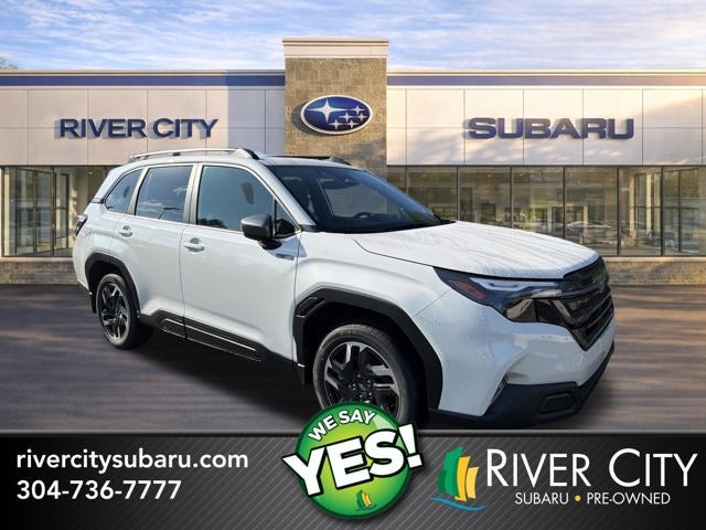 2026 Subaru FORESTER Premium Hybrid in Crystal White Pearl — front three-quarter view